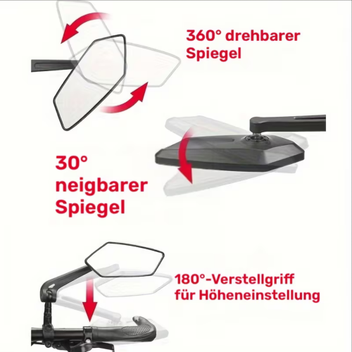 2x Fahrrad Rückspiegel Weitwinkel 360° Verstellbar – Lenkerspiegel aus ABS für E-Bike, Mountainbike, Roller & E-Scooter – Schwarzes Rechteck-Design