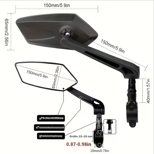 2x Fahrrad Rückspiegel Weitwinkel 360° Verstellbar – Lenkerspiegel aus ABS für E-Bike, Mountainbike, Roller & E-Scooter – Schwarzes Rechteck-Design