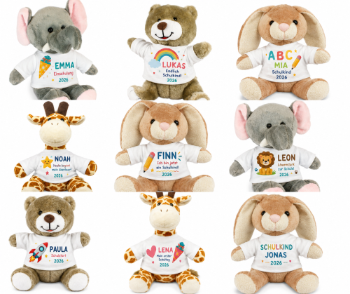 Kuscheltier Einschulung mit Namen, Stofftier personalisiert, Schultüte Geschenk, Elefant Bär Hase Giraffe, Schulkind 2026, Geschenk Schulanfang