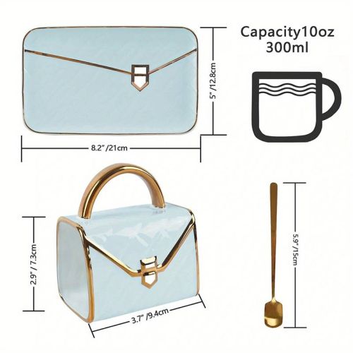 Handtaschenförmiges Kaffeeset, bestehend aus Kaffeetasse, Dessertteller (Untertasse), Löffel - Deluxe-