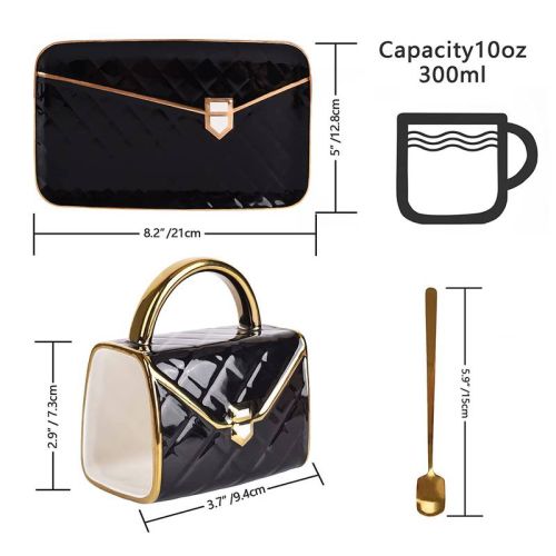 Handtaschenförmiges Kaffeeset, bestehend aus Kaffeetasse, Dessertteller (Untertasse), Löffel - Deluxe-