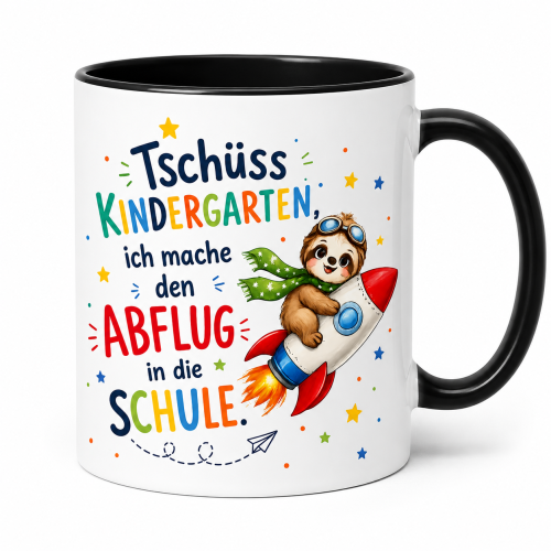Schwarzweiße oder weiße Tasse "Tschüss Kita. Ich mache den Abflug in die Schule."