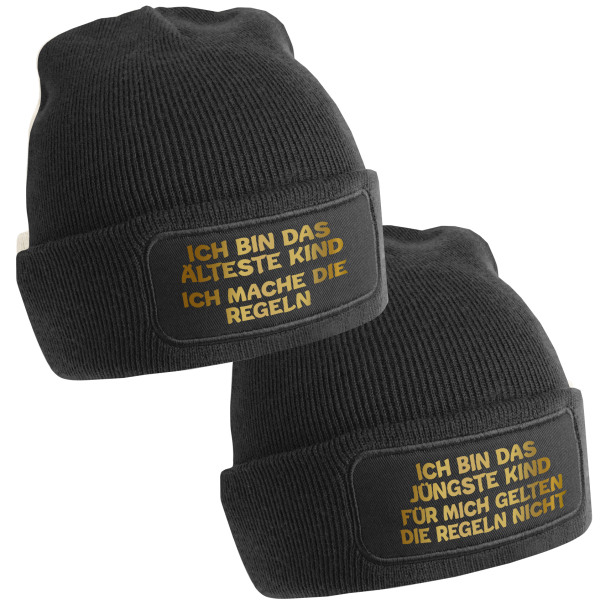 2er oder 3er Set One Size Beanie, Mütze bedruckt mit goldenem Schriftzug: Das Jüngste, Das Mittlere, Das Älteste KIND - REGELN der Familie