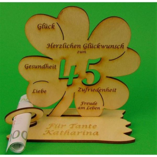 Holzkleeblatt zum XX. Geburtstag Höhe 11,7 cm mit Gravur Personalisiert, mit Glückwünschen Tischaufsteller