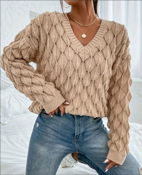 Damen Strickpullover mit Skalenmuster, V-ausschnitt, Khaki-Farbe