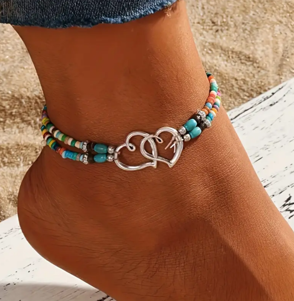 1er Knöchelkettchen oder 3-teiliges Boho Fußkettchen-Set – Elastisch mit Kristallperlen & Doppelherz-Design – Natürlich & elegant – Geschenk für Damen – 3 Farben