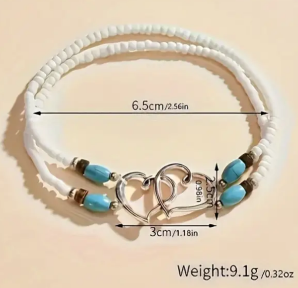 1er Knöchelkettchen oder 3-teiliges Boho Fußkettchen-Set – Elastisch mit Kristallperlen & Doppelherz-Design – Natürlich & elegant – Geschenk für Damen – 3 Farben