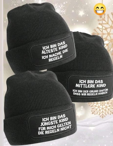 2er oder 3er Set KINDER Beanie, Mütze bedruckt mit Spruch: Das Jüngste, Das Mittlere, Das Älteste KiND - REGELN der Familie - KIDS One Size