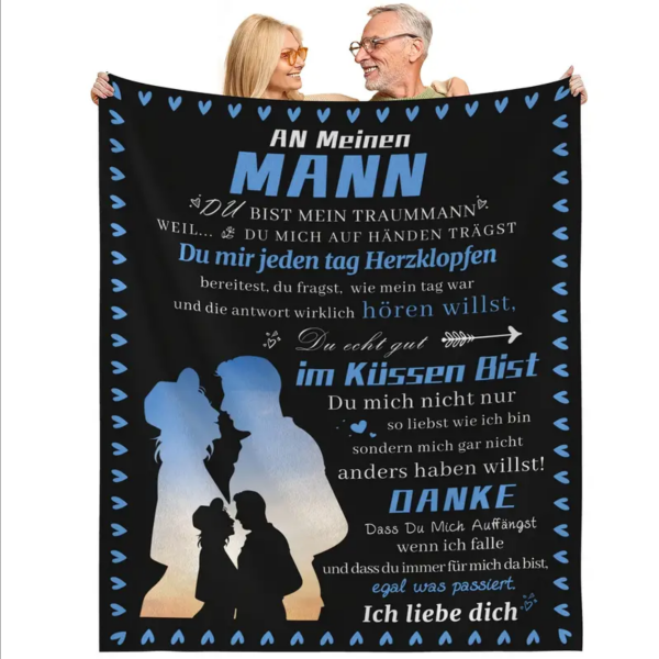Schwarze Kuscheldecke, Flanelldecke, Bedruckte Decke für den Ehemann, mit Spruch „An meinen Ehemann... du bist mein Traummann"