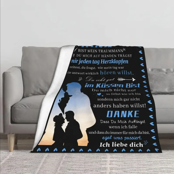 Schwarze Kuscheldecke, Flanelldecke, Bedruckte Decke für den Ehemann, mit Spruch „An meinen Ehemann... du bist mein Traummann"
