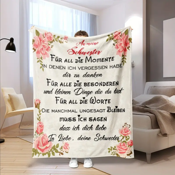 Kuscheldecke, Flanelldecke, Bedruckte Decke für die Schwester mit Spruch „An meine Schwester für all die Momente" Mit Blumenornamenten