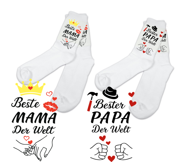 Socken weiß, div. Größen mit Motiv: Beste Mama, Bester Papa der Welt