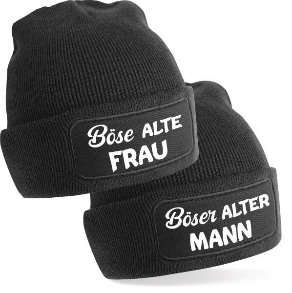 One Size Beanie, Mütze mit Spruch: Böse alte Frau oder Böser alter Mann