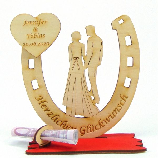 Holz Geldgeschenk Brautpaar von hinten im Hufeisen, Personalisiert