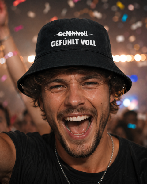 Party Hut, Bucket Hat, Fischer Hut, Hut bedruckt mit Spruch: Gefühlvoll - Gefühlt VOLL
