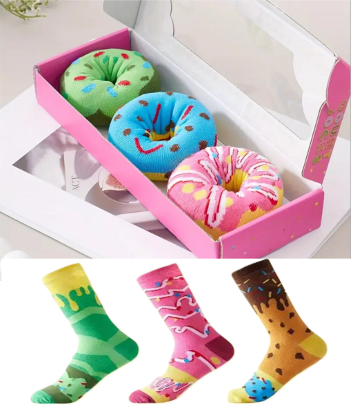 Die Donut-Sockenbox, 3 Paare lustige Socken in Donut Form, Donut Socken
