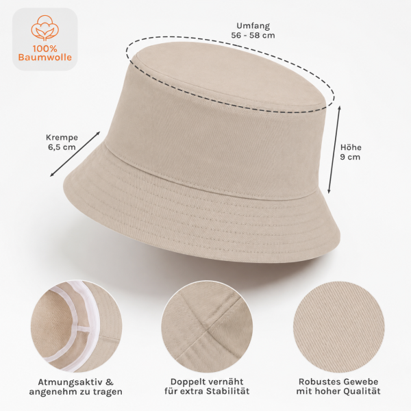 Party Hut, Bucket Hat, Fischer Hut, Hut bedruckt mit Spruch: LIEBEVOLL Lieber VOLL - goldene Schrift - Farbe Sand