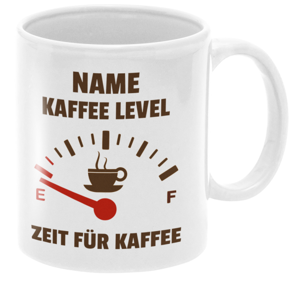 Weiße oder schwarzweiße Tasse "Kaffee Level - NAME - Zeit für Kaffee", personalisiert"