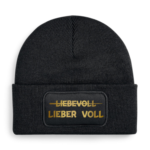 One Size Beanie, Mütze mit Spruch:  LIEBEVOLL Lieber VOLL - goldene Schrift
