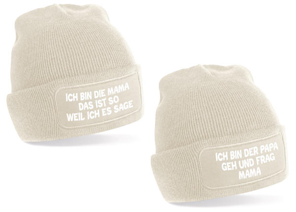 2er Set One Size Beanie, Mütze bedruckt mit Spruch: Ich bin die Mama, Ich bin der Papa...