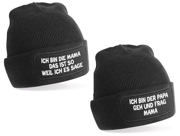 2er Set One Size Beanie, Mütze bedruckt mit Spruch: Ich bin die Mama, Ich bin der Papa...