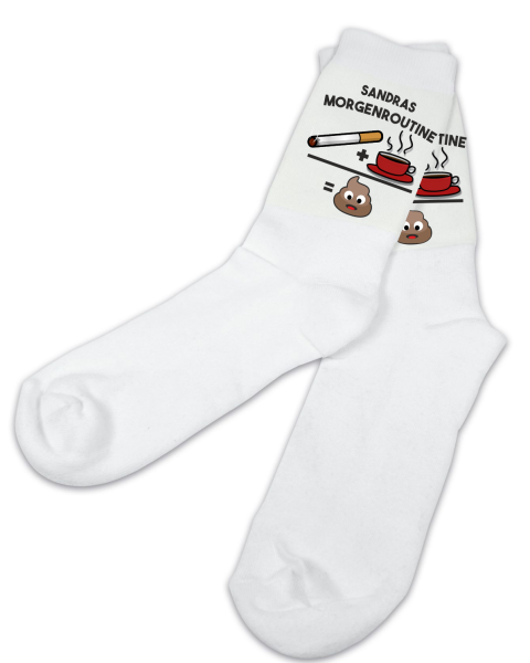 Socken weiß, div. Größen mit Motiv: Morgenroutine mit Wunschnamen