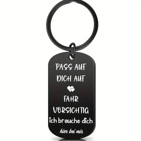 Metall Schlüsselanhänger mit Gravur "Pass auf dich auf, Fahr vorsichtig, ich brauch dich hier bei mir" schwarz