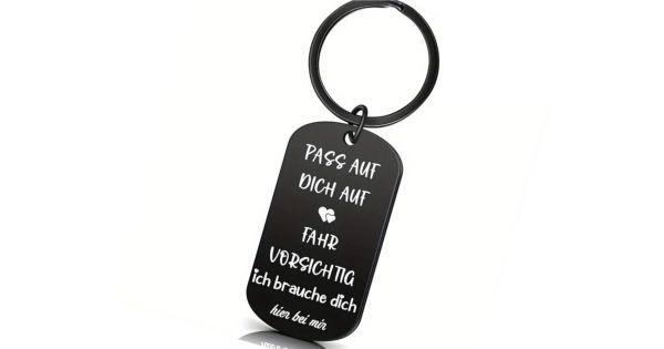 Metall Schlüsselanhänger mit Gravur "Pass auf dich auf, Fahr vorsichtig, ich brauch dich hier bei mir" schwarz