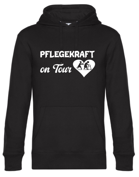 Premium Kapuzenpullover, Hoodie schwarz mit Motiv: Pflegekraft on Tour, verschiedene Farben