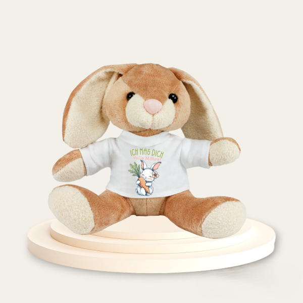 Stofftier, Kuscheltier Hase mit bedrucktem Mini Tshirt - Ich mag dich volle Möhre!