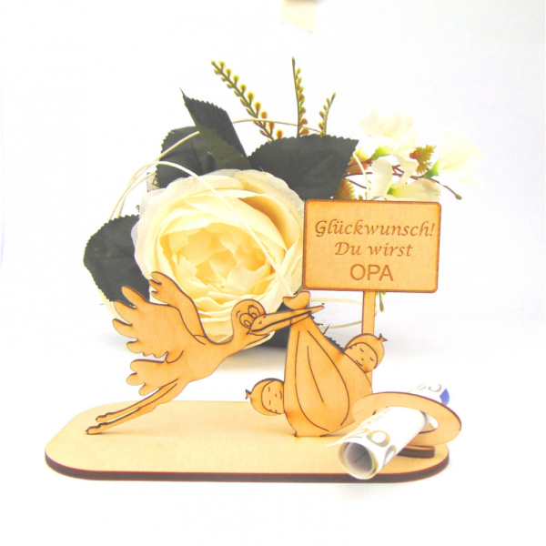 Babyalarm!!! Holz Geschenk mit Storch, Baby und Schild zur Geburt Taufe Nachwuchs Geldgeschenk