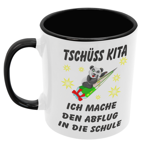 Schwarzweiße oder weiße Tasse "Tschüss Kita. Ich mache den Abflug in die Schule."