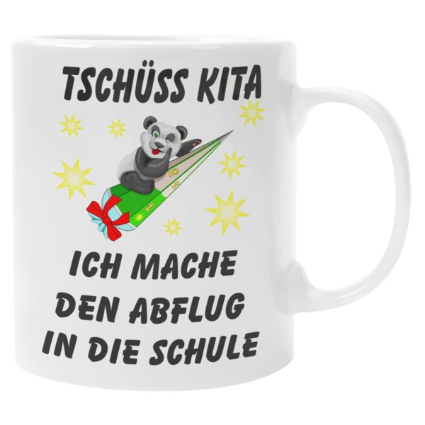 Schwarzweiße oder weiße Tasse "Tschüss Kita. Ich mache den Abflug in die Schule."