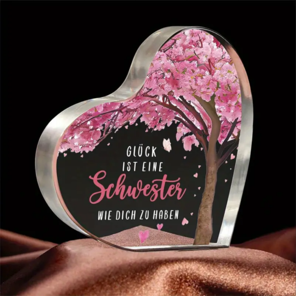 Acryl Herz, Acrylherz, Acryl Aufsteller, mit Spruch "Glück ist eine Schwester wie dich zu haben" Motiv Baum