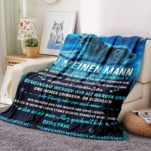 Kuscheldecke, Flanelldecke, Bedruckte Decke für den Ehemann, mit Spruch „An meinen Ehemann - ich möchte mit dir immer zusammen sein" Motiv Wölfe