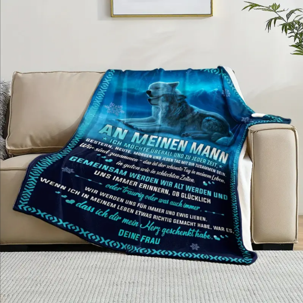 Kuscheldecke, Flanelldecke, Bedruckte Decke für den Ehemann, mit Spruch „An meinen Ehemann - ich möchte mit dir immer zusammen sein" Motiv Wölfe