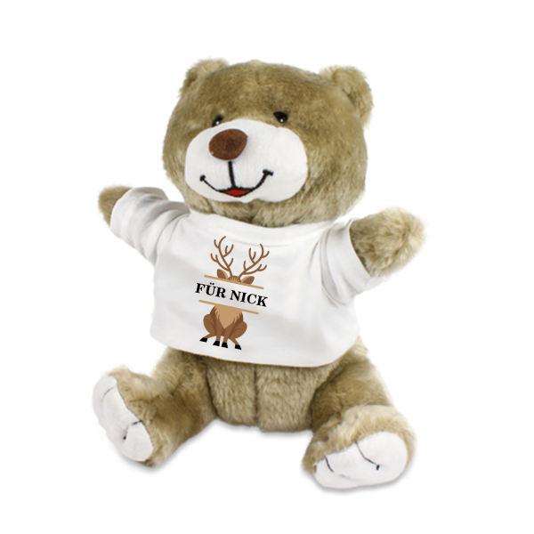 Stofftier, Kuscheltier mit Weihnachtsmuster: Hase, Bär, Giraffe, Elefant, Schaf mit Wunschnamen und Mini Tshirt - Motiv nach Wahl - Nikolaus, Wichtel, Keks, Rentier