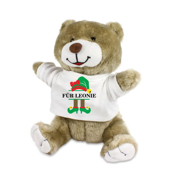 Stofftier, Kuscheltier mit Weihnachtsmuster: Hase, Bär, Giraffe, Elefant, Schaf mit Wunschnamen und Mini Tshirt - Motiv nach Wahl - Nikolaus, Wichtel, Keks, Rentier