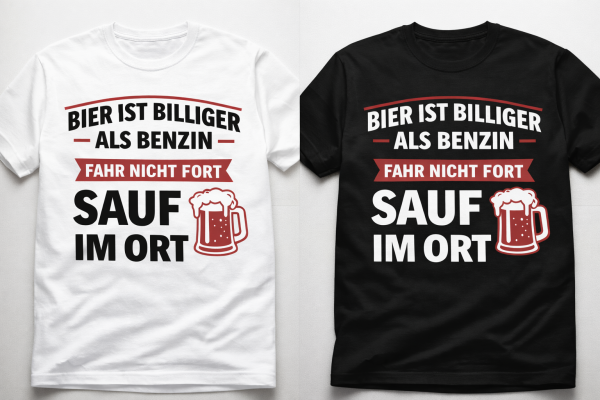 Funshirt weiß oder schwarz - „Bier ist billiger als Benzin – fahr nicht fort, sauf im Ort.“