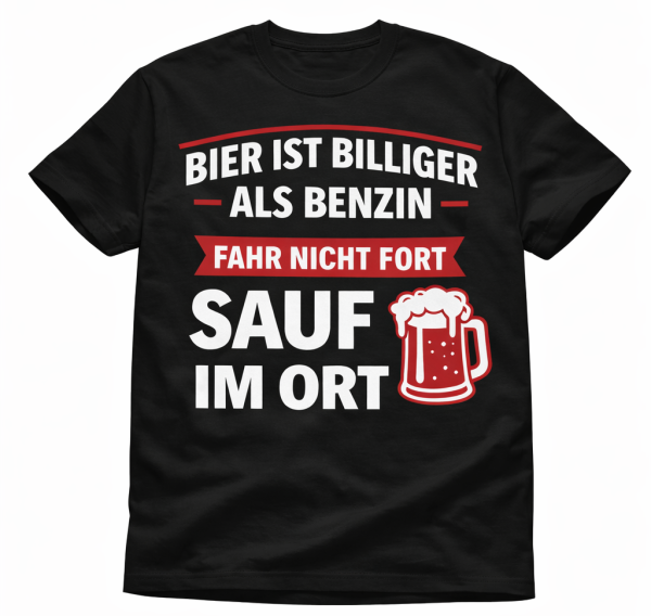 Funshirt weiß oder schwarz - „Bier ist billiger als Benzin – fahr nicht fort, sauf im Ort.“