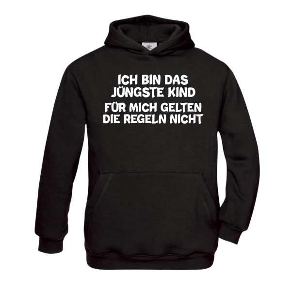 3er Set Kinder Hoodies ohne Kordel, KINDER Kapuzenpullover schwarz "Das Jüngste, Das Mittlere, Das Älteste KiND - REGELN der Familie", Motiv vorne