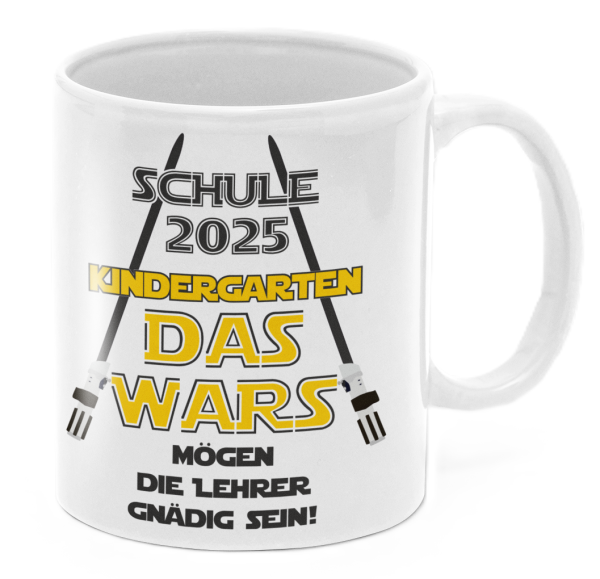 Schwarzweiße oder weiße Tasse "Schulkind 2025. Kindergarten das wars. Mögen die Lehrer mit dir gnädig sein."