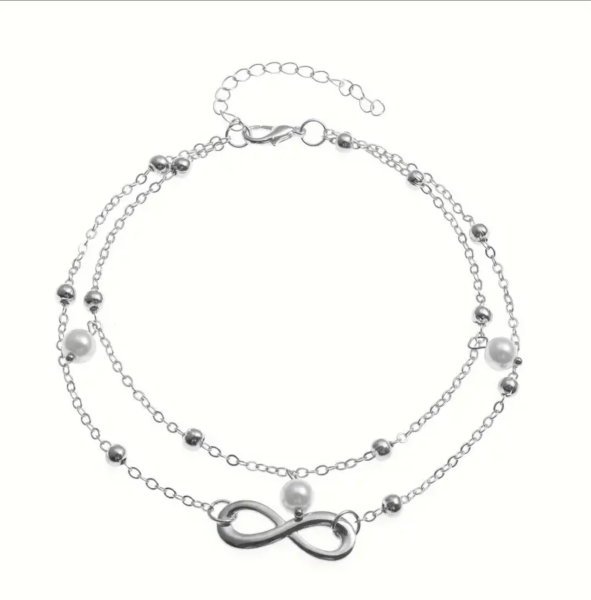 Doppelkettchen Knöchelkette mit Infinity-Symbol & Perlen – Silberfarbenes Boho- Fußkettchen für Damen