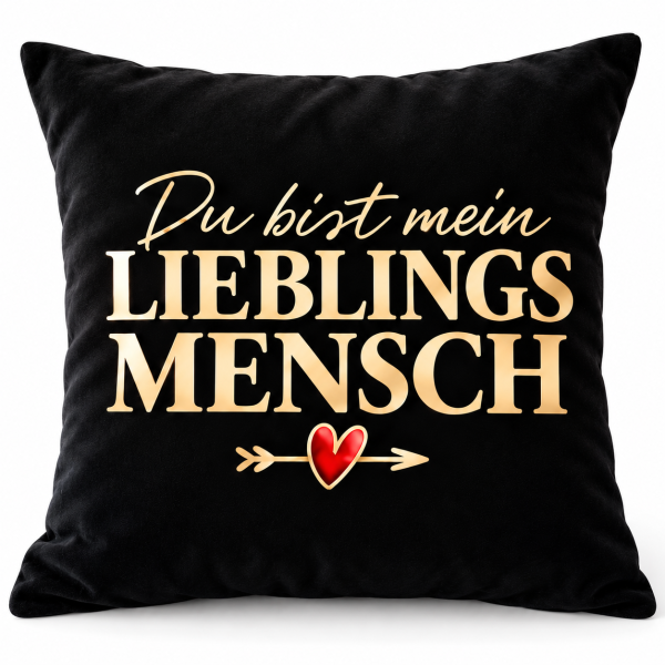 Schwarzes Kissen mit Spruch „Du bist mein Lieblingsmensch" – romantische Kissenhülle mit Füllung als Geschenk für Partner oder Freunde