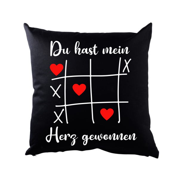 Kissen oder Tasse "Du hast mein Herz gewonnen" - Motiv: Tic Tac Toe Spiel
