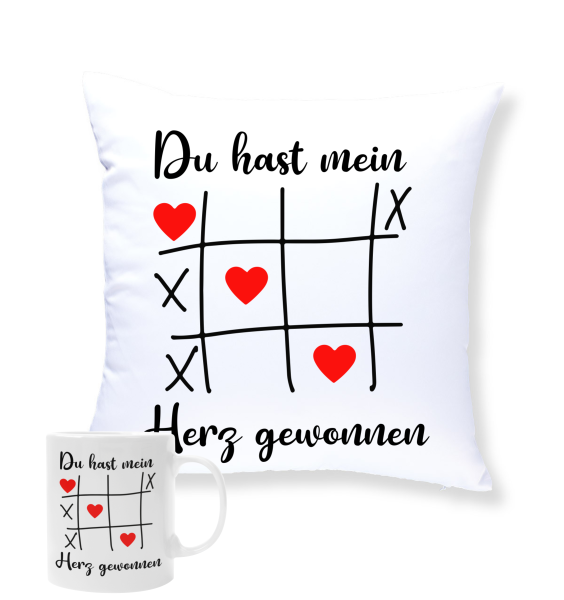 Kissen oder Tasse "Du hast mein Herz gewonnen" - Motiv: Tic Tac Toe Spiel