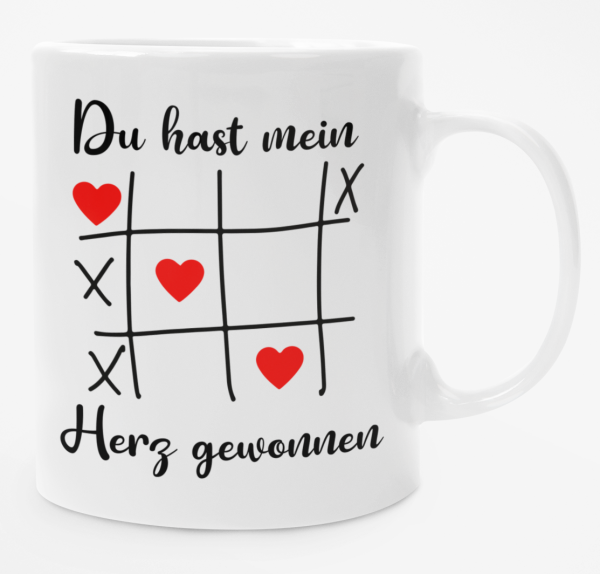 Kissen oder Tasse "Du hast mein Herz gewonnen" - Motiv: Tic Tac Toe Spiel