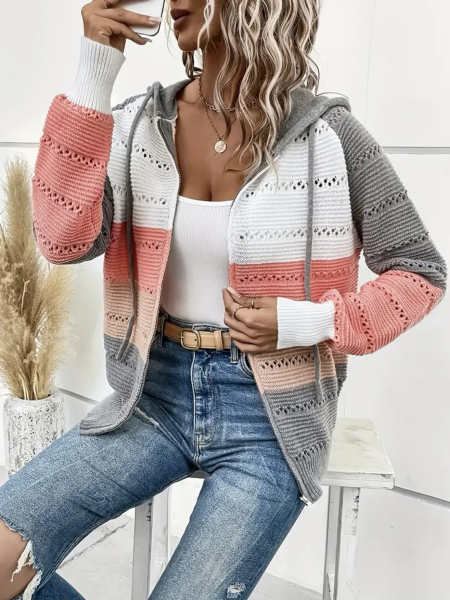 Damen Langarmpullover Strickpullover mit 3 Farbenmuster, mit Kapuze und Reißverschluss vorne