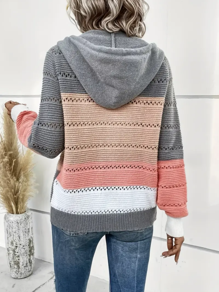 Damen Langarmpullover Strickpullover mit 3 Farbenmuster, mit Kapuze und Reißverschluss vorne