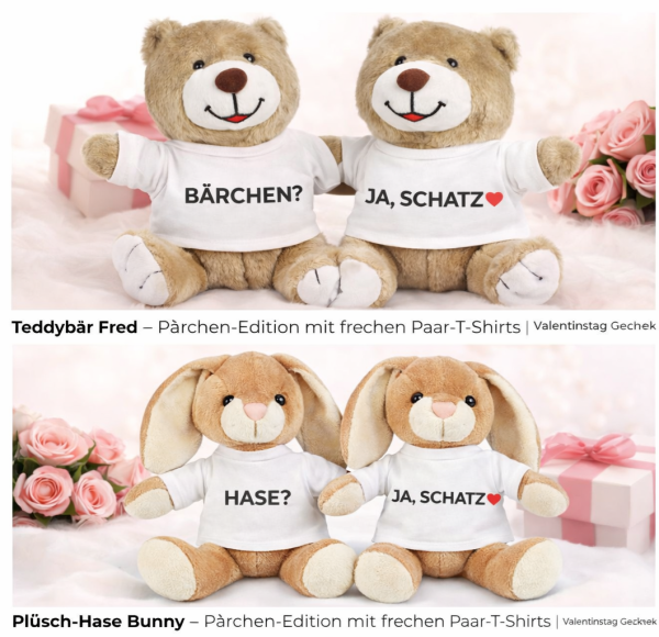 Pärchen-Plüschtier (Bär oder Hase) mit humorvollen Paar-T-Shirts | Valentinstag Geschenk